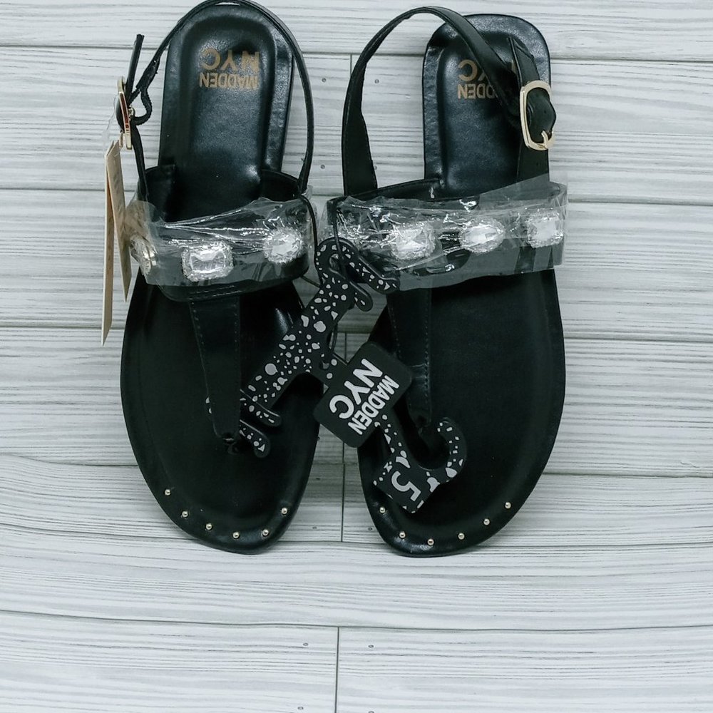 Madden NYC Women's Black Studded Thong Flat Sandals Size 5
